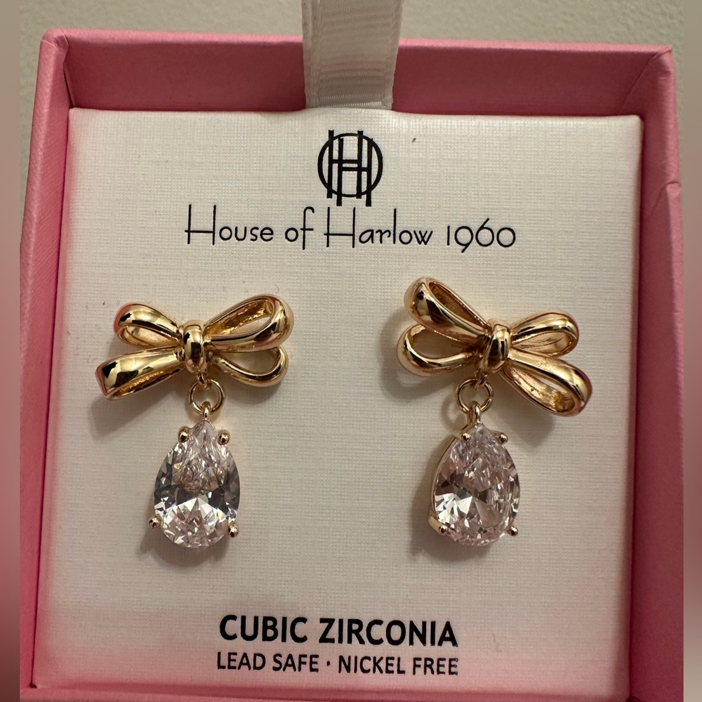 NEW House of Harlow 1960 Bow Cubic Zirconia Gold Earrings